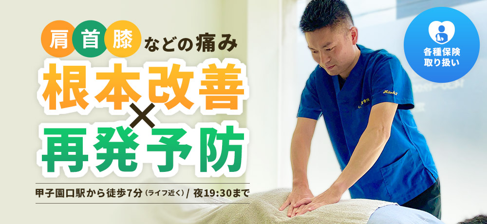 肩首膝などの痛み根本改善 再発予防 甲子園口駅から徒歩7分（ライフ近く）/ 夜19時まで 各種保険
	取り扱い