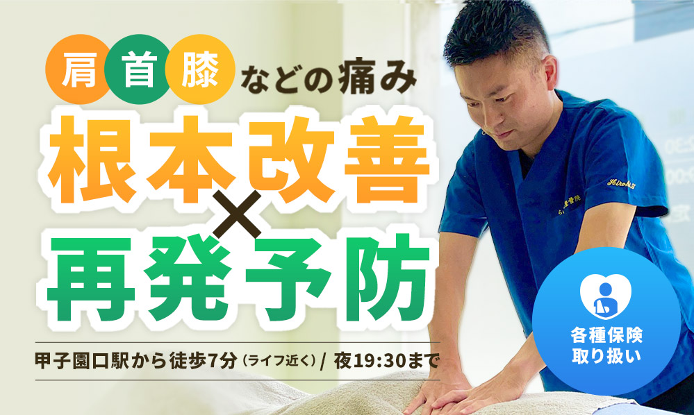 肩首膝などの痛み根本改善 再発予防 甲子園口駅から徒歩7分（ライフ近く）/ 夜19時まで 各種保険
	取り扱い